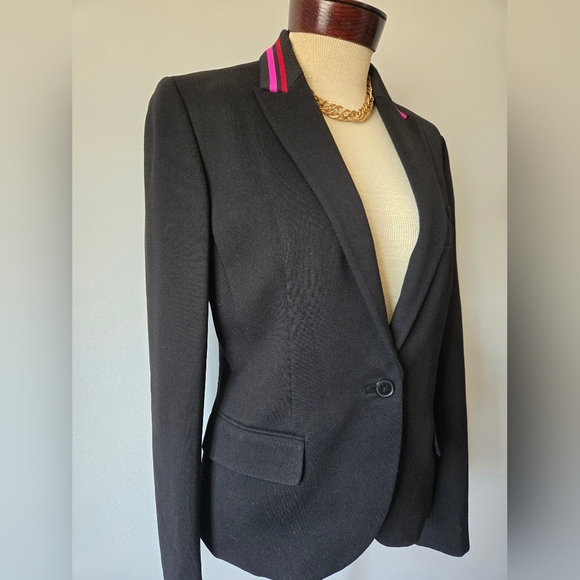 ANNE KLEIN black Classic Blazer With Pink And Red Steiped Collar. Size 10 - Picture 2 of 11